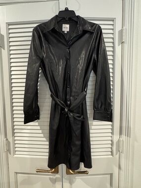 NIC+ZOE Black Faux Leather Button-Front Dress with Self-Tie Waist